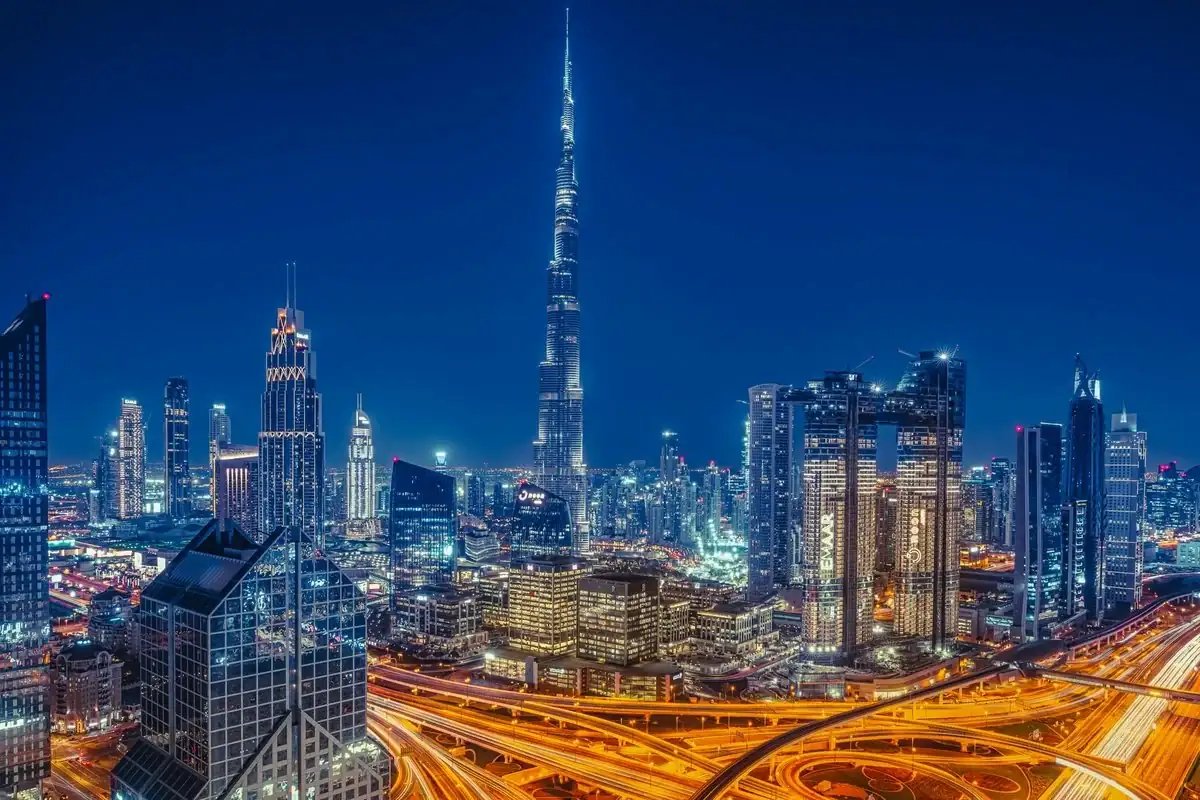 Dubai skyline at night, Burj Khalifa and Downtown Dubai